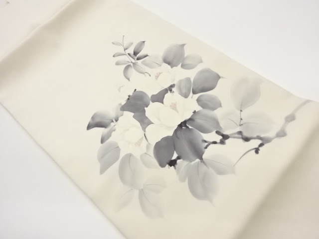 作家物　塩瀬手描き花葉に枝模様開き名古屋帯（額縁仕立て）